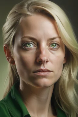 retrato hiperealistico de una mujer de 30 años, rubia, ojos verdes