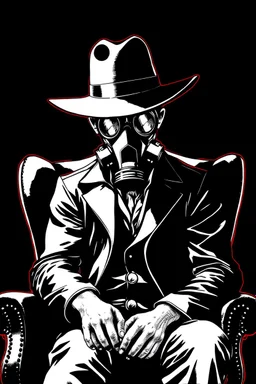 western styles man with wide flat brim flat top hat shading face, wearing a gas-mask, sitting forward on a wingback chair, vignette, black and white graphic novel style with a red outline on black background, gothic body horror