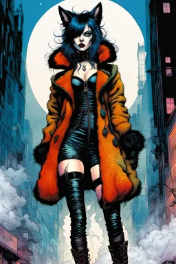 Create a fine art print , full body illustration of an epic fantasy Gothpunk Girl , with finely lined and detailed facial features, in a ragged fox fur coat, fishnet stockings ,battered combat boots, , in the comic book style of Bill Sienkiewicz, Philippe Druillet, and Jean Giraud Moebius, precisely drawn, colored and inked