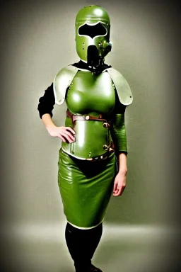 Steam-punk style random-mask. Large fencing mask covers cheeks. Brainless girls. Reflective surface on face, full coverage, reflective. Camera lenses as eyes. Head full of integrated old-fashioned cameras and phone. Army green surfaces body, latex. Perfect body, thick thighs and calves. Asa Akira. SElfie. Wide hip, skirt bleats nicely. Partly symmetrical. Straitjacket. Hyperboloid mandible. Steam-plunge air-bottles. Euclidean 3D-tiling walls. surrealistic atmosphere