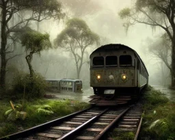 an abandoned train on tracks overgrown by nature with large puddles of water flooding part of tracks, warrior stand in front, 8k resolution, high-quality, fine-detail, intricate, digital art, detailed matte, volumetric lighting, illustration, 3D octane render, brian froud, howard lyon, selina french, anna dittmann, annie stokes, lisa parker, greg rutowski