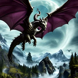 image framed with a thin border of celtic designs, story book cover format, A Skyrim style winged celestial dragon in flight above a forested mountain, against a background of brilliantly glittering stars, hd 4k, fine sharp detail