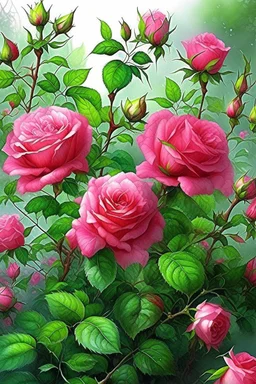 Watercolor, a bush of bright pink tea roses strewn with flowers, ultra-detailed, morning, rain, greenery, beautiful landscape, fog, many details, delicate sensuality, realistic, high quality, 3d, work of art, filigree, misty haze background, professional, transparent, delicate pastel tones, back lighting, contrast, fantastic, unreal, translucent, glowing, clear lines, epic fabulous, fabulous landscape, hyperrealism