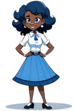 Design of a cartoon character wearing a blue skirt and a white shirt, and her hair is black, long, thick and soft.