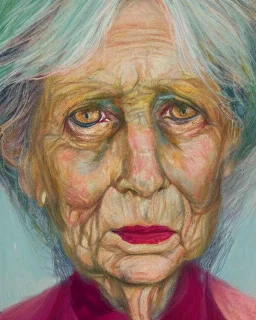 Abstract portrait of a dignified old woman with green eyes and white hair