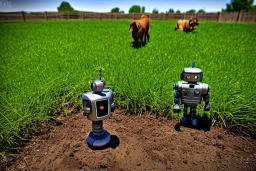 Photograph 60 mm lens. Technological singularity. Post-apocalypse utopia. Machine, fake smile, staring eyes. Milky white lay figures torso on the ground. Grass, mud. dirt. Dog sniffing the torso. An yard of a farm is in the Background. Mercury Puddles. Zoom. Background is fussy. Cyborg's torso is dirty. Male robot.