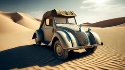 a photo of a futuristic version of the citroen 2cv car dressed in loewe fashion in a sand dune