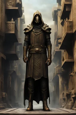 tabletop role-playing miniature of a bronze-age city-watchman wearing minoan giger beksinski clothes. full body. concept art hyperrealism