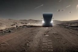 A Tesla 'Semi' (semi truck) is going at a high speed, at the lunar landing site of the 'Apollo 11'. (CINEMATIC, WIDE ANGLE LENS, PHOTO REAL)