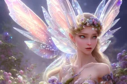 one very little beautiful fairy on a big crystal subtle flower in a galactic ambiance, transparent petals, delicate colors, in the foreground, full of details, smooth, bright sunshine，soft light atmosphere, light effect，vaporwave colorful, concept art, smooth, extremely sharp detail, finely tuned detail, ultra high definition, 8 k, unreal engine 5, ultra sharp focus