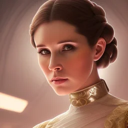 stunning half-body-portrait photo of princess leia from Star Wars played by Carrie Fisher, wlop, artgerm, akihiko yoshida, and liang xing, detailed face, doe eyes, intricate braided hair style, symmetrical eyes, trending on artstation, highly detailed, white dress, dynamic pose, intricate outfit, space ship and galaxy background