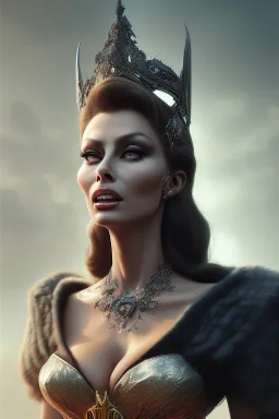 Sophia Loren as evil queen in black leather, cleavage, angry, stern look. character design by cory loftis, fenghua zhong, ryohei hase, ismail inceoglu and ruan jia. unreal engine 5, artistic lighting, highly detailed, photorealistic, fantasy