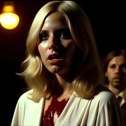 Horror movie shot, hot party, die, ultra realistic, dine, pastel, ultra chaos, realistic hot blonde women, pieces of meat, monster, horn, satanism, pieces of organs, hot dynamic, they come, light, 1970's Italian horror movie, sinister, Dario Argento, Stanley Kubrik, ornate, 4k, photorealism