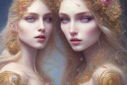 ultradetailed beautiful portrait painting of love Aphordite with long flowing blonde hair and sharp piercing gaze of blue eyes, alluring beauty, wearing jewels, roses, ultra ornate, gold leaf deatils, wearing white dress, by conrad roset, greg rutkowski and artgerm, trending on artstation