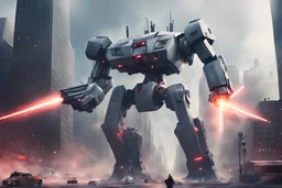 A giant robot holding a laser gun destroying New York