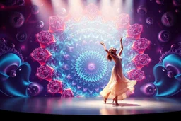 A 3D recursive Mandelbulb fractal modern stage with a pretty lady dancing ,pretty colorfull , creating a calm and serene atmosphere,closeup shot,stage at low light but lady in good lighting