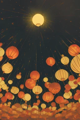 a hand drawing image of a lantern festival at night, with numerous orange, red, and yellow illuminated lanterns floating into the starry sky. The lanterns are of varying sizes, with a larger, ((bright lantern: 1.2)) in the center acting as the focal point, surrounded by radiating light rays. The atmosphere is magical and festive, symbolizing hope and renewal,