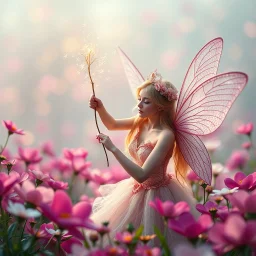 A hyper-realistic,A fairy with a wand of twinkling stars, surrounded by a sea of vibrant blooms in a dreamlike fantasy world., Photo Real, HOF, full size, practicality,manufacturability,performance, (((realism, realistic, realphoto, photography, portrait, realistic, elegant, charming, apocalyptic environment, professional photographer, captured with professional DSLR camera, trending on Artstation, 64k, ultra detailed, ultra accurate detailed, bokeh lighting, surrealism, Thomas Kinkade backgroun