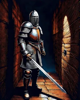 A frightening castle dungeon hallway with an knight warrior in rusty chainmail holding a zweihander painterly rpg art