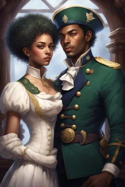 In the cabin of an ancient ship, a 31-year-old mulatto human sorcerer stands out with his bright green eyes and snow-white curls falling to his shoulders. He wears an elegant Victorian naval officer's uniform that highlights his athletic figure, as he romantically embraces a beautiful 29-year-old elf woman. She has deep-set brown eyes, long, wavy black hair tied in two elegant braids, and wears elven diplomatic attire with gold details. The setting features dark wood furniture, nautical maps, an