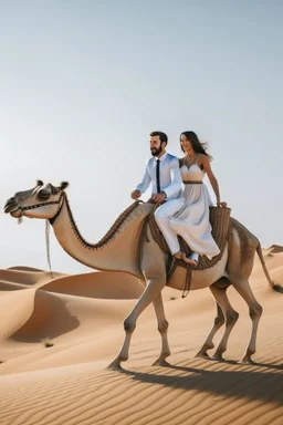 A just married couple riding a camel in the desert