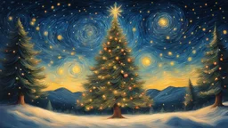 In the style of van gogh starry night,a wide shot angle of A majestic Christmas tree, adorned with twinkling lights, spreading Christmas joy in an glowing snow,riverside, fireflies and mistletoes at night