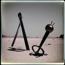 Odd spindle-shaped objects scattered over an arid surface, nothingness, polaroid, in Yves Tanguy style