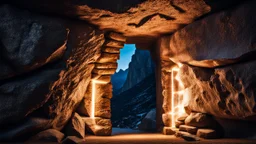 huge illuminated doorway in a rock wall in the side of the mountain