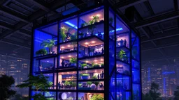 Cubic structure of steel and deep blue tinted glass, modular living spaces suspended inside, indigo light cascades through ceiling windows, residents going about their daily lives in multifunctional environments, vertical gardens illuminated with blue light, eco-futuristic style