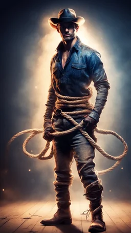 postcard portrait of man sexy cowboy ninja with rope lasso man and old boots ,hands behind back, in spotlight, magazine cover illustration with spray paint, signed, bokeh like, down-light, unreal engine, prize winning