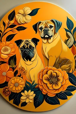 Make a round-shaped art with a Pug and an orange cat theme. In the art I want the phrase to be written José Fernando
