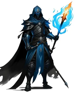 A commander with a matte black combat helmet and eyes with bright blue flaming pupils, a black cape and a long coat with long combat boots and a long, sharp and fiery spear and with his helmet under his cape and two blue flames instead of eyes