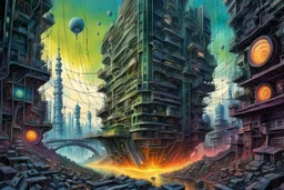 create a wildly abstract and chaotic illustration of an inter-dimensional portal to a highly detailed irradiated, fetid, gaseous and decayed future Istanbul under a poisonous gloom utilizing asymmetric structural forms, in the sci fi art style of Don Maitz, , finely textured, drawn, colored, and inked