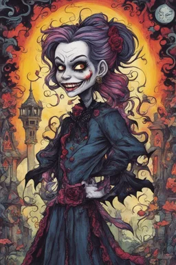 a cartoon illustration of a schizophrenic goth vampire girl , in the cartoon style of Lynda Barry , Ernie Pook's Comeek, vibrant natural colors, , museum quality masterpiece