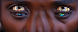 Extreme closeups of Wolof people. Their eyes glow with gemstone colors and reflect Cobalt Infinity, –v6