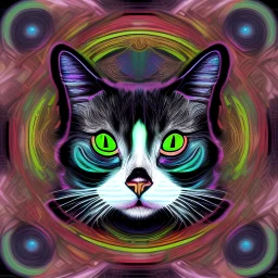 mystical black and white cat stretches on a psychedelic colored mushroom
