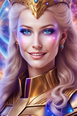 cosmic woman smile, admiral from the future, one fine whole face, crystalline skin, expressive blue eyes,rainbow, smiling lips, very nice smile, costume pleiadian, Beautiful tall woman pleiadian Galactic commander, ship, perfect datailed golden galactic suit, high rank, long blond hair, hand whit five perfect detailed finger, amazing big blue eyes, smilling mouth, high drfinition lips, cosmic happiness, bright colors, blue, pink, gold, jewels, realist, high commander