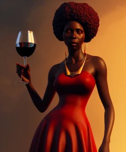 Negra Francisca, beautiful, curvy body, African slave, simple red fabric dress, long black hair, red headband, head and shoulders portrait, holding glass of wine, 8k resolution concept art portrait by Greg Rutkowski, Unreal Engine 5 volumetric lighting