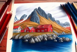 Colored pencil drawing, of the colorful nature of Lofoten Island in Norway, with a characteristic red houses, Ultra Realistic, ultra HD