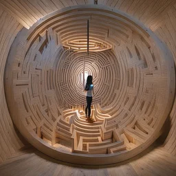 An immersive circular wooden labyrinth with a single entry and exit. Portraits of addiction and healing are visually connected by delicate threads. The labyrinth walls, adorned with engravings representing struggles, guide visitors through the transformative journey. Experience the progression from darkness to light, chaos to harmony, and despair to hope in this introspective installation.