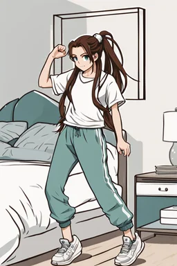 attractive anime woman with brunette long hair tied into twin ponytails, t-shirt and sweatpants, full body in frame, bedroom setting