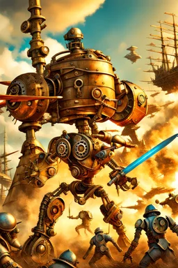 steampunk warrior robot with a big, complicated and detailed mechanical sword fighting in a battlefield with steampunk ships and planes in the background. Masterpiece, hyper detailed, details, battlefield, dramatic, dramatic lighting