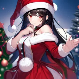 Clear focus, high resolution, black long fluffy hair, red eyes, wearing a chrimstas outfit, wearing a red short skirt, wearing a santa hat