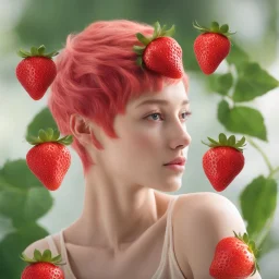 I want a man merged with a strawberry with pixie-cut hair, - a man who looks like a strawberry - a man whose skin is strawberry skin. I want a strawberry with arms and legs and hands and feet and finers and toes and a head with a nose, a mouth, ears, eyes and hair.