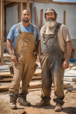 half figure shot photography of TWO ugly 39 year old stocky big chubby robust burly marocan carpenters close embraced, dirty,, wearing bulging overalls, shirtless, manly chest, serious, very virile, long beard, curly hair,, , in a sunny construction work area, photorealistic , photorealistic