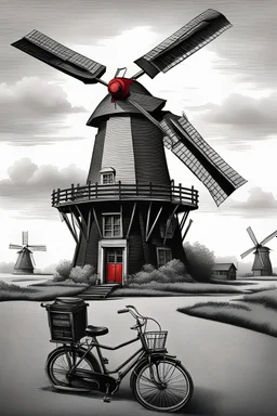 A realistic dark drawing black and gray with very defined details of a dutch windmill and a bike and a red light vector image with white background