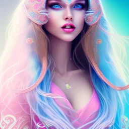 beautiful, soft, big smile face, whole head, long straight blonde hair blues eyes, crown on the head, clothing in transparent bluish and pink veil, background brillante bluish and pink, hight definition, 8K