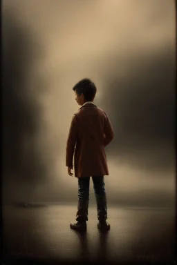 photorealistic oil painting of boy in 1820, standing on a street corner, dimly lit, dark clouds, rain, lighting