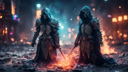 hooded marble knight covered with glowing crystals, fire particles in air, destroyed city, night, skeletons on ground, bright colors, glowing sparkle particles, dark tone, sharp focus, high contrast, 8k, incredible depth, depth of field, dramatic lighting, beautifully intricate details, clean environment, epic dynamic scene