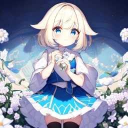 Clear focus,High resolution, Black short fluffy hair, and blue eyes, wearing a light blue short skirt with a white flower pattern near the bottom, Wearing light yellow cut sleeves that have white long flaps under it with a flower pattern near the end, wearing a white collar, Sighing